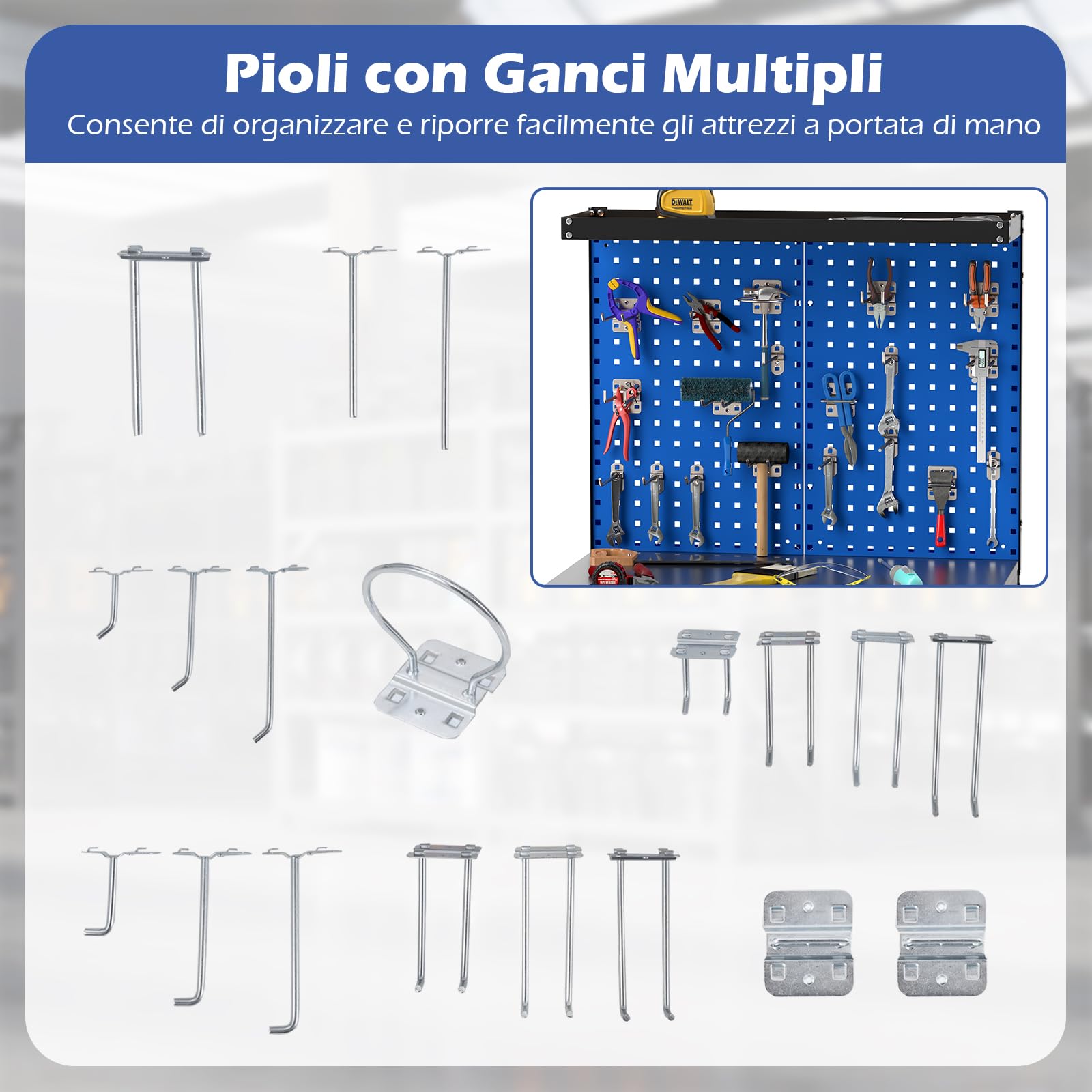 GYMAX Banco da Lavoro 81 x 41 CM con Pannello, Tavolo da Lavoro con 20 Ganci per Attrezzi, Cassetto e Ripiani Aperti, Stazione di Lavoro Pesante da 225 KG per Garage, Officina, Magazzino e Casa (Blu)