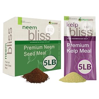 Neem Bliss 5lbs + Kelp Meal 5lbs - Kelp Meal Organic Fertilizer & Neem Cake for Plants - Kelp Fertilizer for Plants - Neem Seed Meal Fertilizer - Natural Plant Food Rich in Vitamins & Nutrients