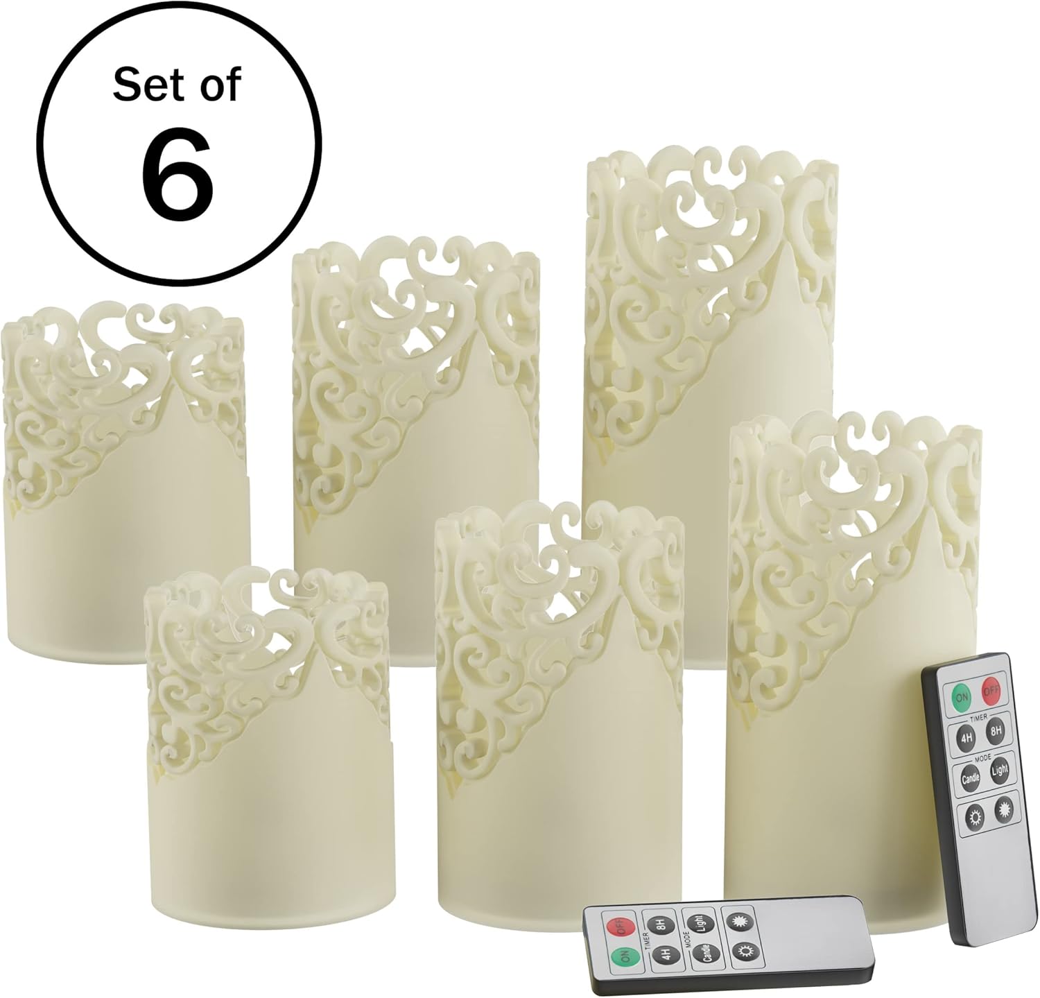 LED Candles with Remote Control – Set of 6 Realistic Flameless Pillar Lights with Lace Details and Vanilla Scented Wax – Home Decor by Lavish Home