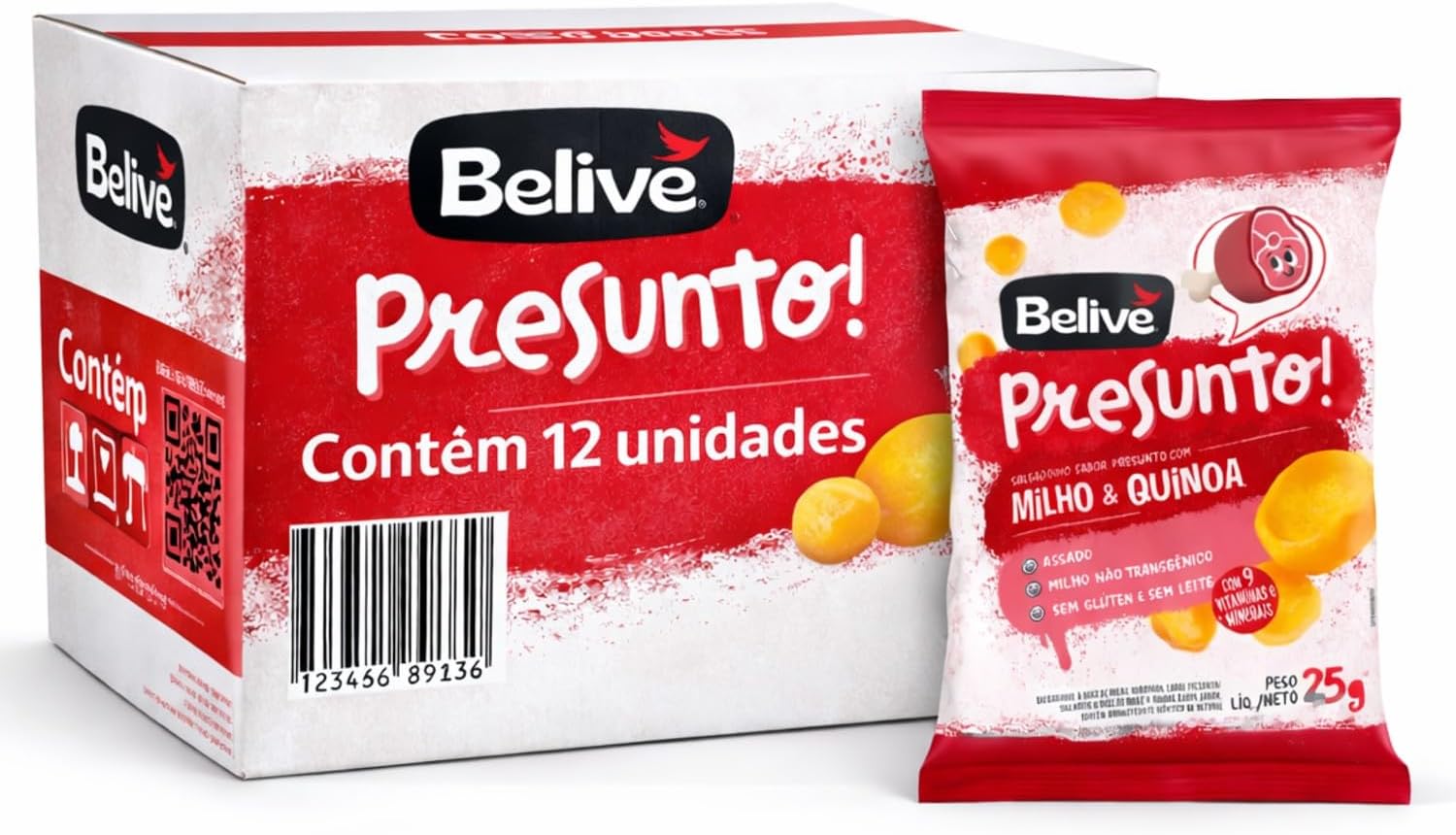 Kit Salgadinho Belive Sem Glúten Sabor Presunto 25g c/12 Pacotes – Snack Assado, Leve e Crocante