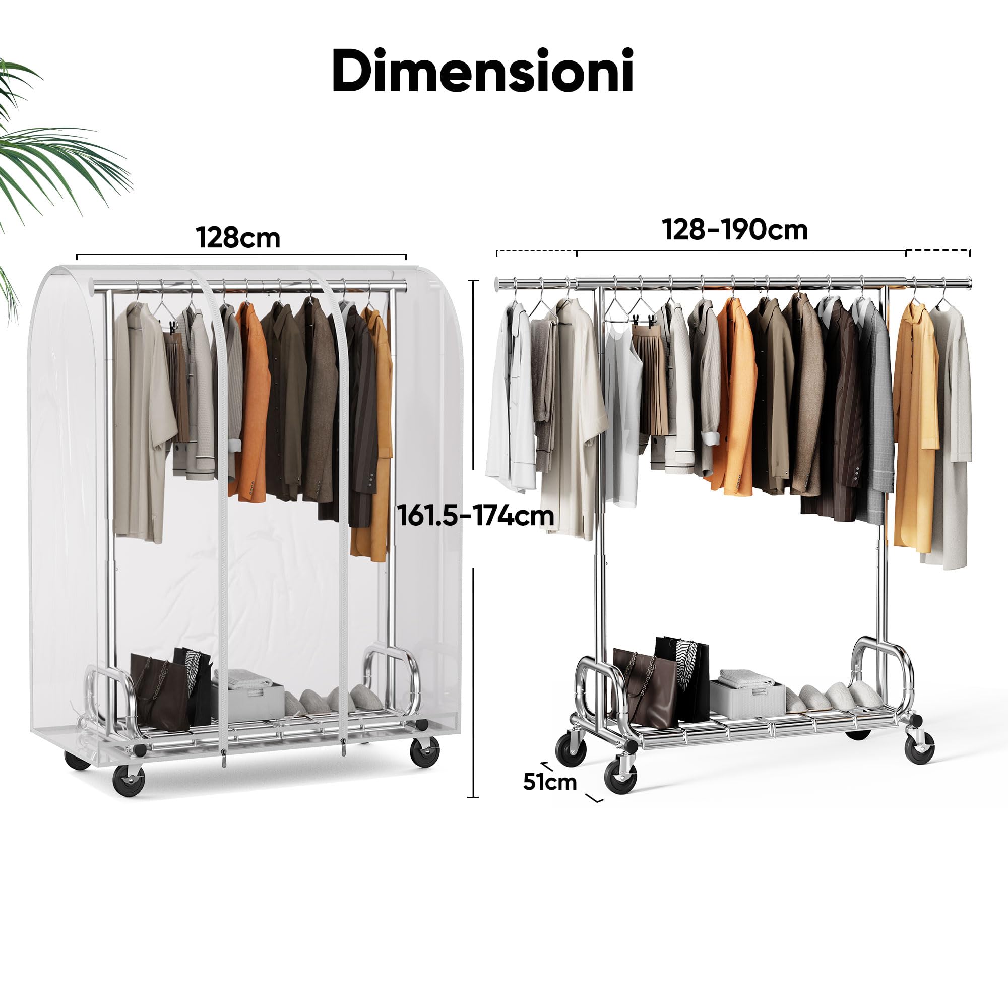 HOKEEPER Appendiabiti da Terra Resistente con Copertura Antipolvere, Barra Estensibile e Altezza Regolabile con Ruote Bloccabili, Salvaspazio per Camera da Letto, Appartamento Piccolo, Lavandería | Terra Resistente 204kg, con Ruote Bloccabili, Salvaspazio