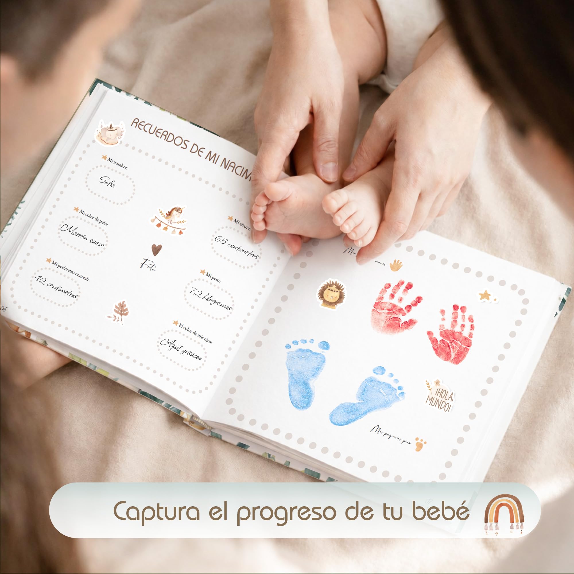 Libro Recuerdos bebe y Album Fotos bebe, 86 Páginas con Pegatinas - Desde el Nacimiento hasta los 1 Años - Baby Shower Regalo bebe Recien Nacido Niño y Niña