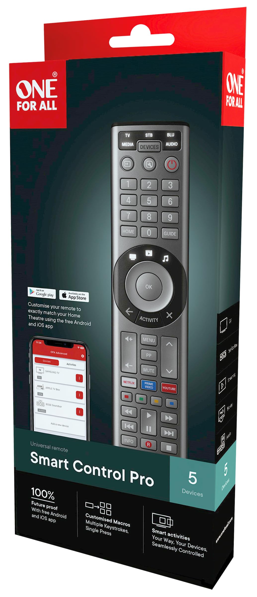 Telecomando universale One For All Smart Control Pro 5 – Funziona con TV, decoder, Blu-ray, dispositivi audio e streaming (modello URC 7956)