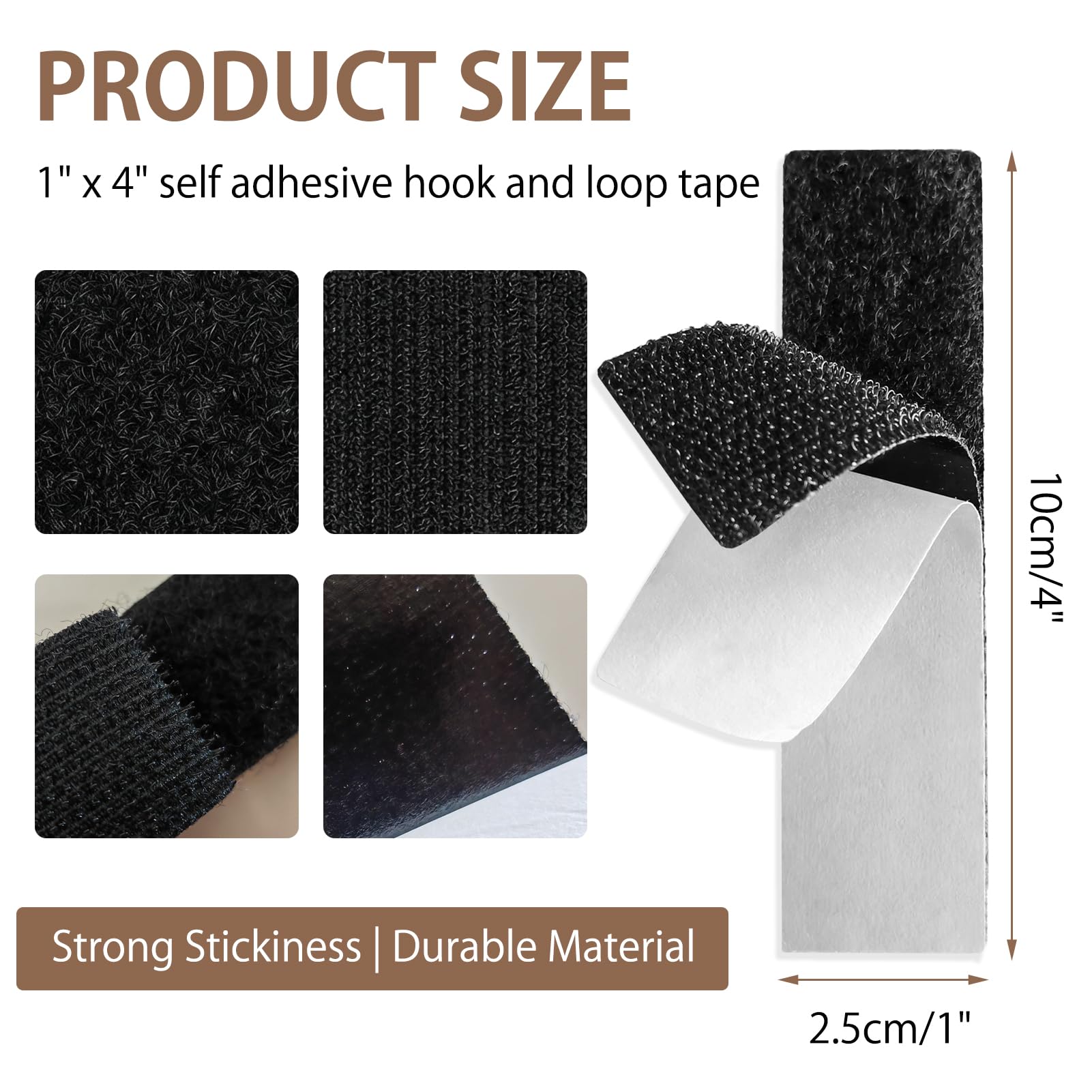 Lot de 70 bandes adhésives double face 10,16 cm crochet et boucle - Fixation sans trous ni vis - Noir