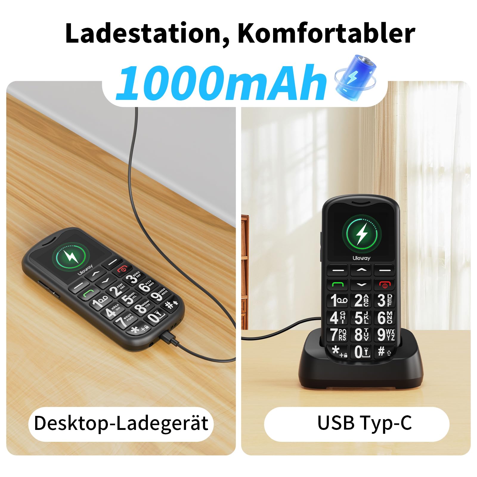 CHAKEYAKE Seniorenhandy mit Großen Tasten | Mobiltelefon Ohne Vertrag mit 1.7 Zoll LCD | SOS-Funktion | Dual SIM Tastenhandy mit Taschenlampe | Ladestation | Schwarz-G180