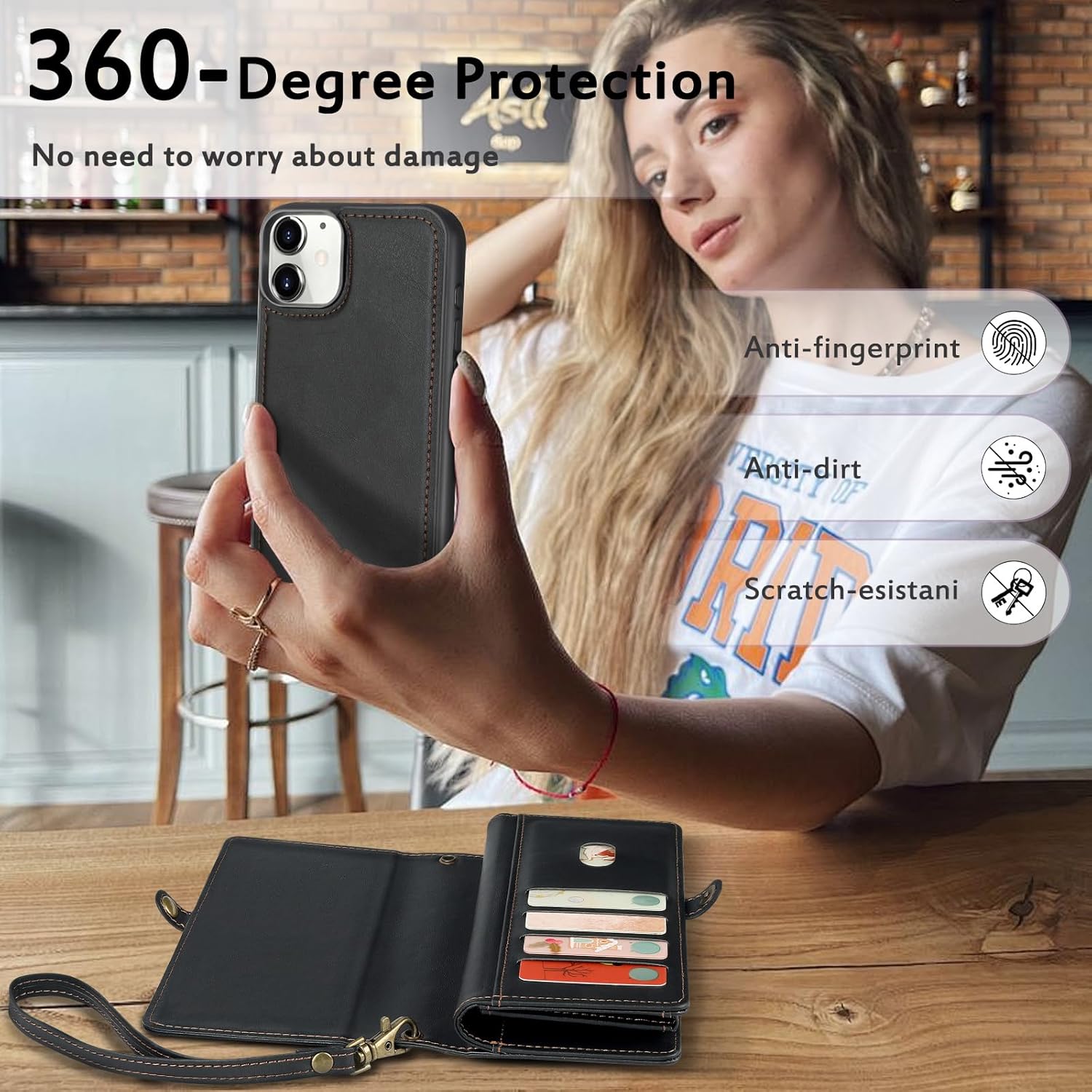 for Wallet Case Compatible with iPhone 11,Multi-Function Detachable 2 in 1 Magnetic iPhone 11 Case Wallet,Flip Strap Zipper Card Holder Phone Case with Shoulder Straps (Black)