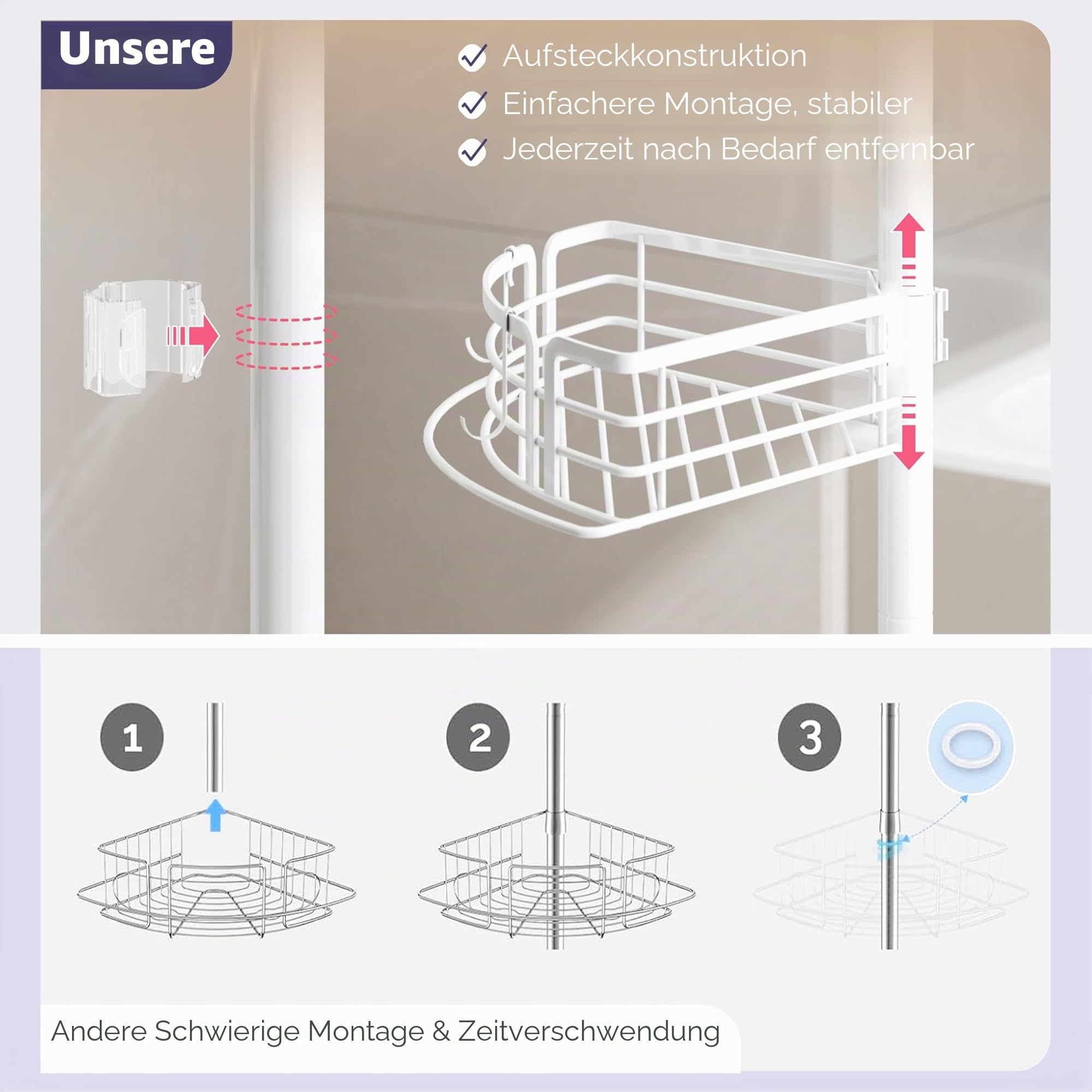SWTYMIKI Duschablage ohne Bohren Ecke - Teleskop Duschregal Ecke, 70-267cm | Höhenverstellbar Duscheckregal Teleskop, Rostfrei Teleskop Badregal Shampoo Halterung für Dusche mit 4 Körben, Edelstahl