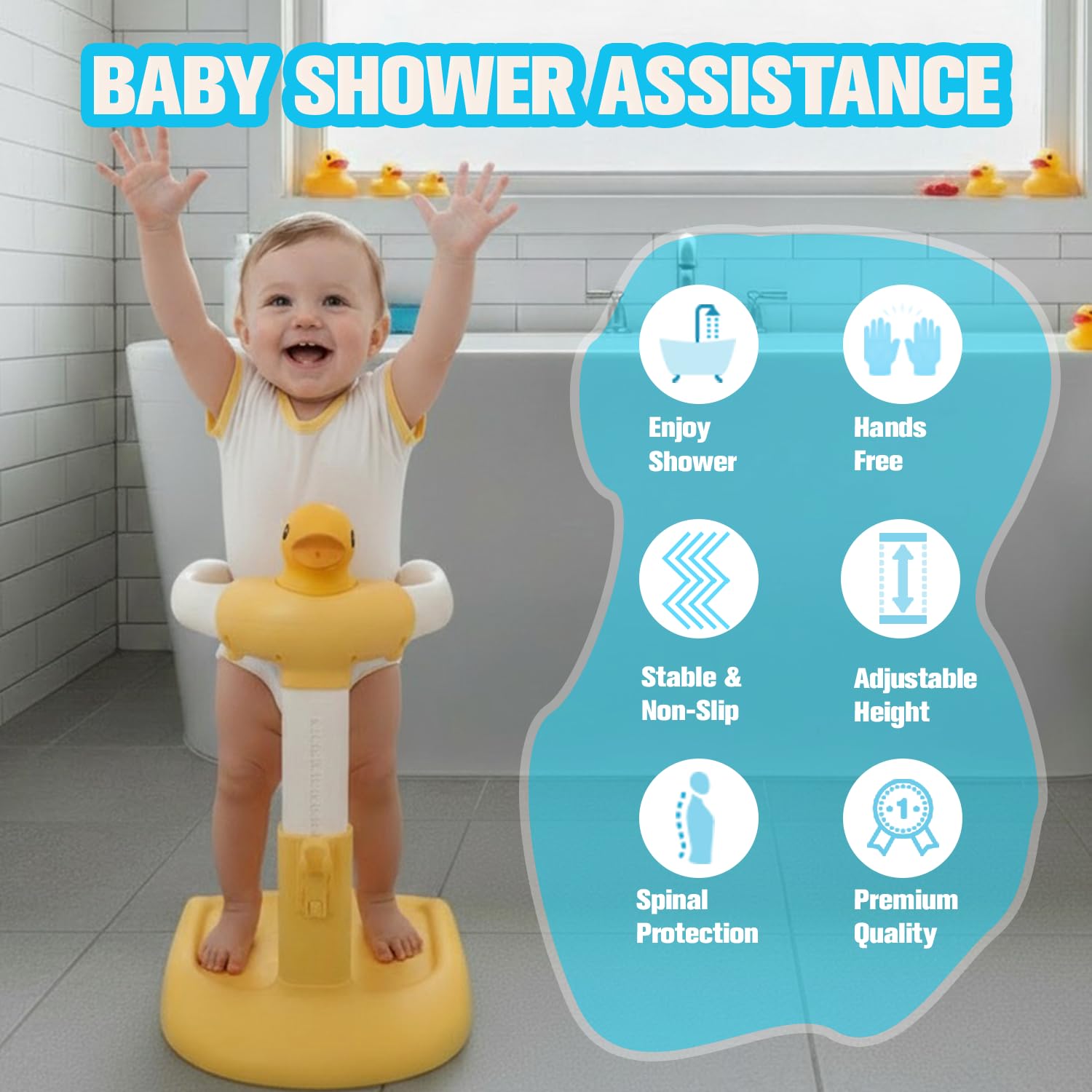 Adjustable Baby Shower Stand Support | Safety & Non-Slip Baby Bath Stand | Standing Bathtub for Infants 8-36 Months | Toddler Shower Support with 55 Lbs Capacity | Ideal Gift for Babies Bath