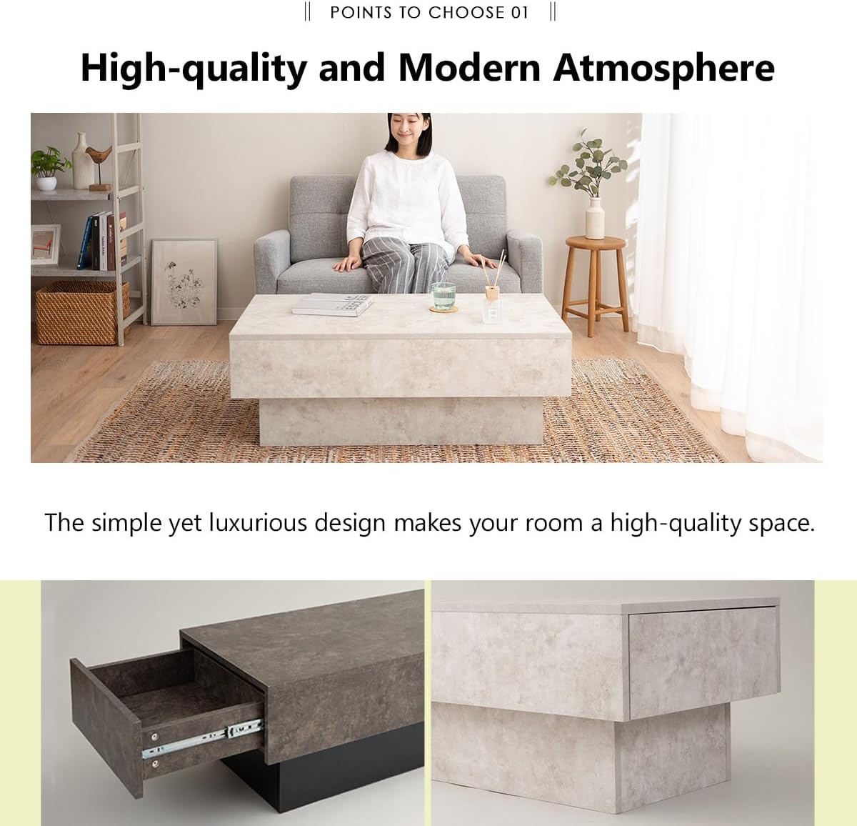 EMOOR Coffee Table with Large-Capacity Drawers Stone-Gray, Ceramic Marble-Look Living Room Center Table Sofa Floor Sitting