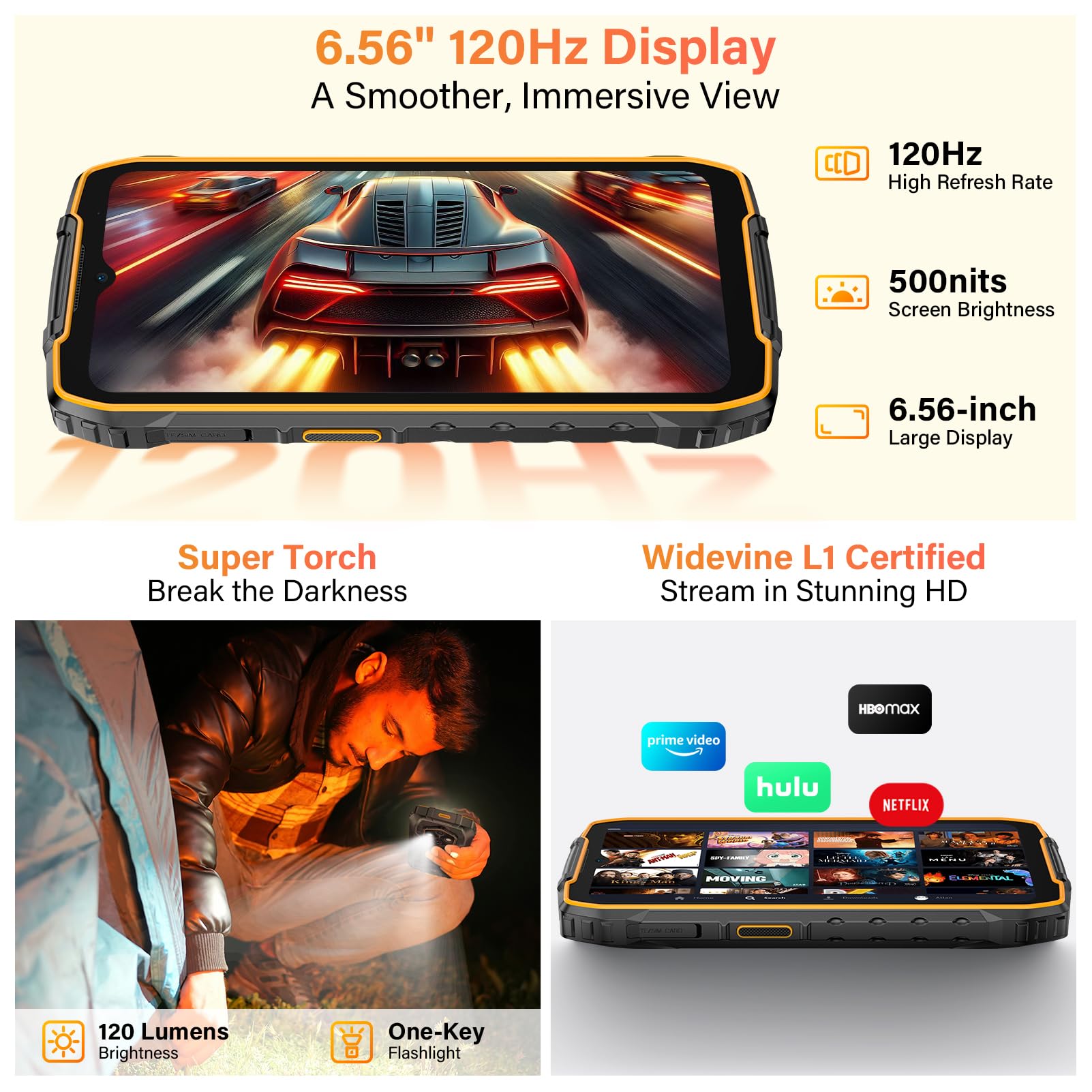 Ulefone RugKing 4 Pro Cellulare, 10200mAh Batteria AI Telefono Impermeabile 48MP+8MP 16GB+128GB/SD-2TB, Android 15 Octa-Core Rugged Smartphone 6.56" 120Hz/120LM Super Torcia/3-Slots/OTG/NFC/GPS Nero