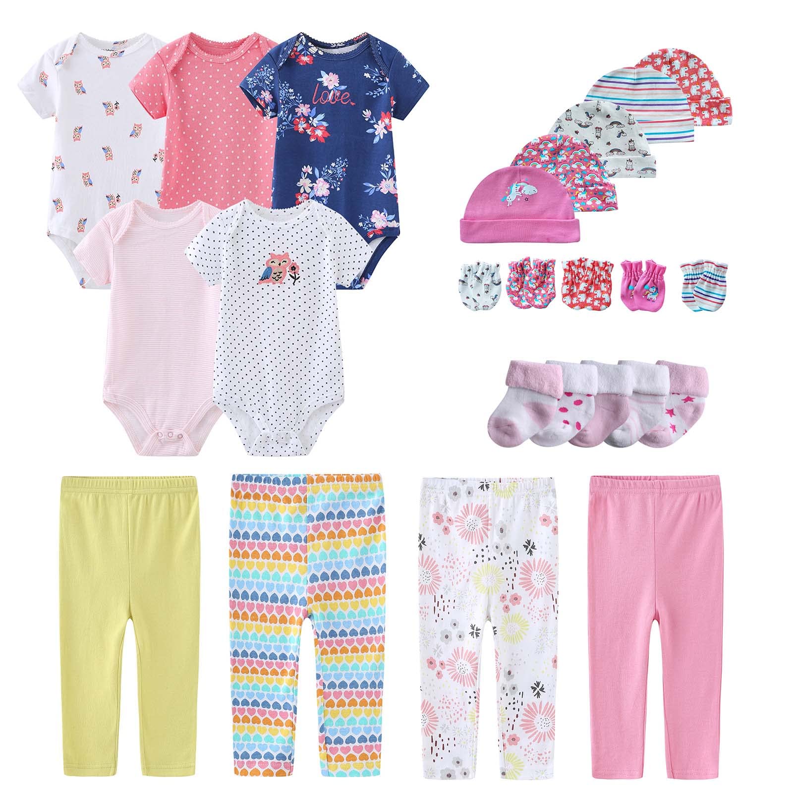 MAMIMAKA Babyausstattungs-Geschenkset für Neugeborene, Bodysuits, Hosen für Mädchen und Jungen, 24-teilig, 100 % Baumwolle, Essentials und Zubehör