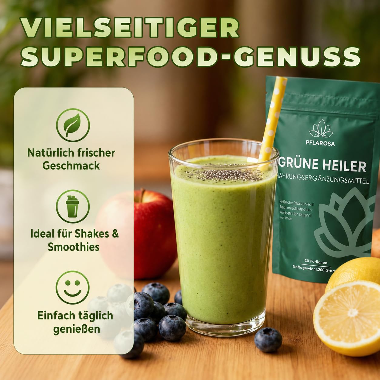 Grüne Entgiftungspulver 200g Superfood Pulver,Greens Pflanzenpulver mit Matcha, Gerstengras, Spirulina & Heidelbeeren,Reich an Ballaststoffen & Mikronährstoffen,Vegan – Täglicher Energie Helfer