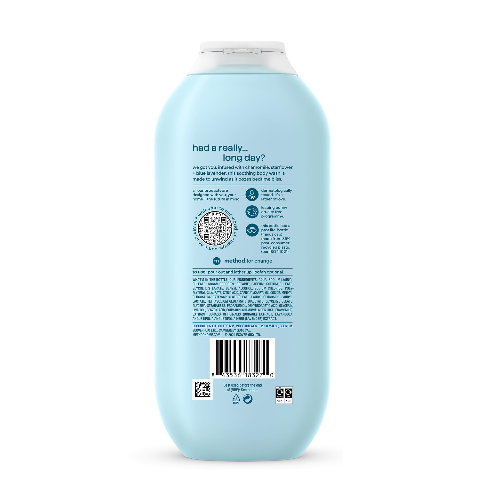 Method Body Wash Wind Down Gel de ducha, manzanilla, flor de estrella y aroma a lavanda azul, pack de 3, 532 ml