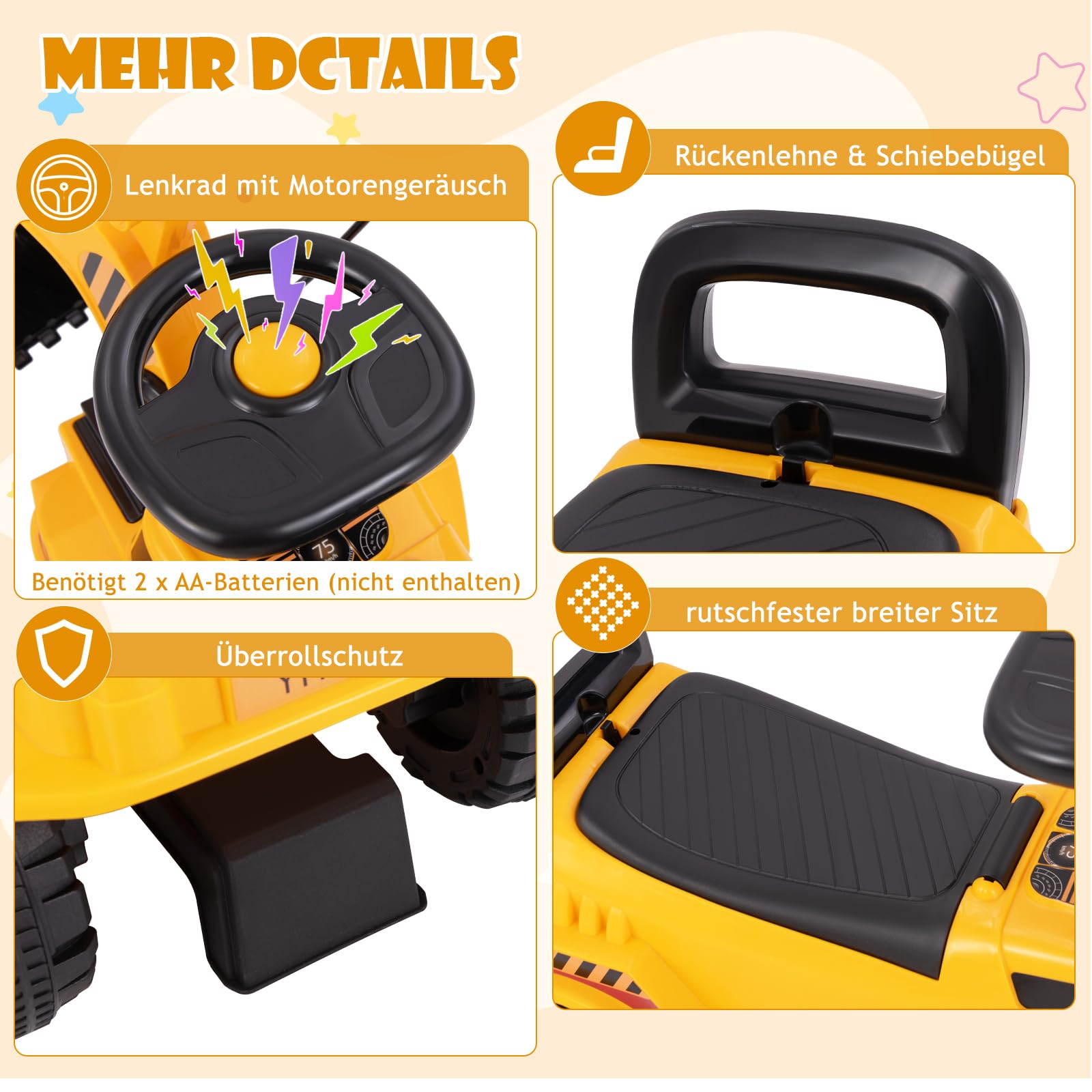 DREAMADE Kinder Sitzbagger, Bagger zum draufsitzenmit Verstellbarer Schaufel & Hupe & Kippschutz, Aufsitzbagger mit Stauraum unter Sitz, Sandbagger Sitzbagger Kinder ab 19 Monaten