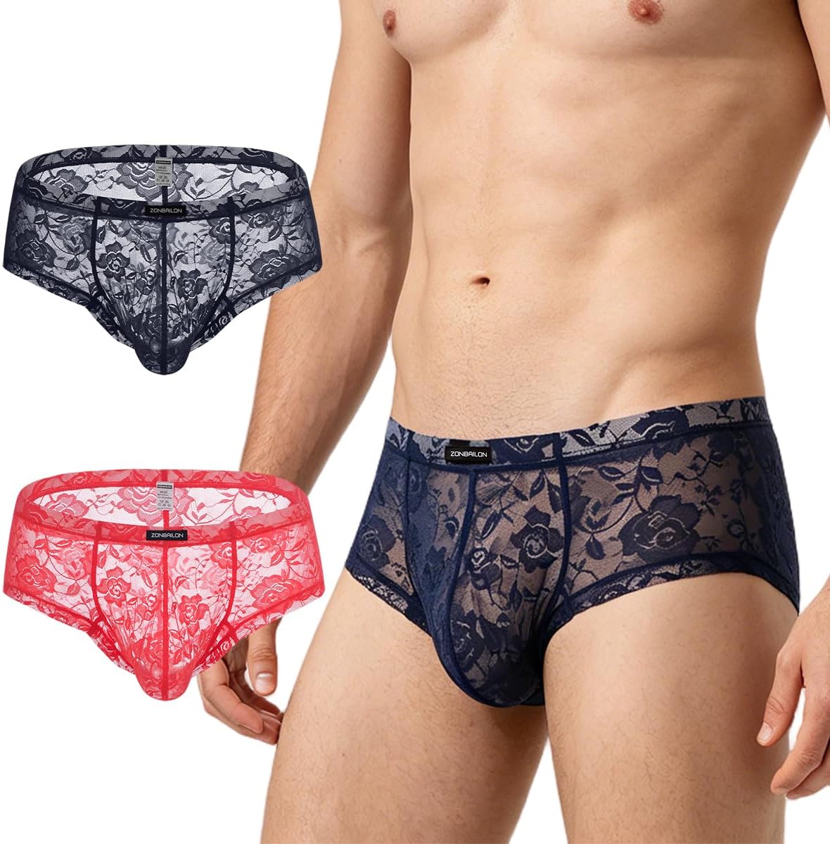 JINSHI Men's Sheer Lace Bikini Briefs Sexy See-Through Underwear Pouch Breathable Low Rise Floral Lace Panties