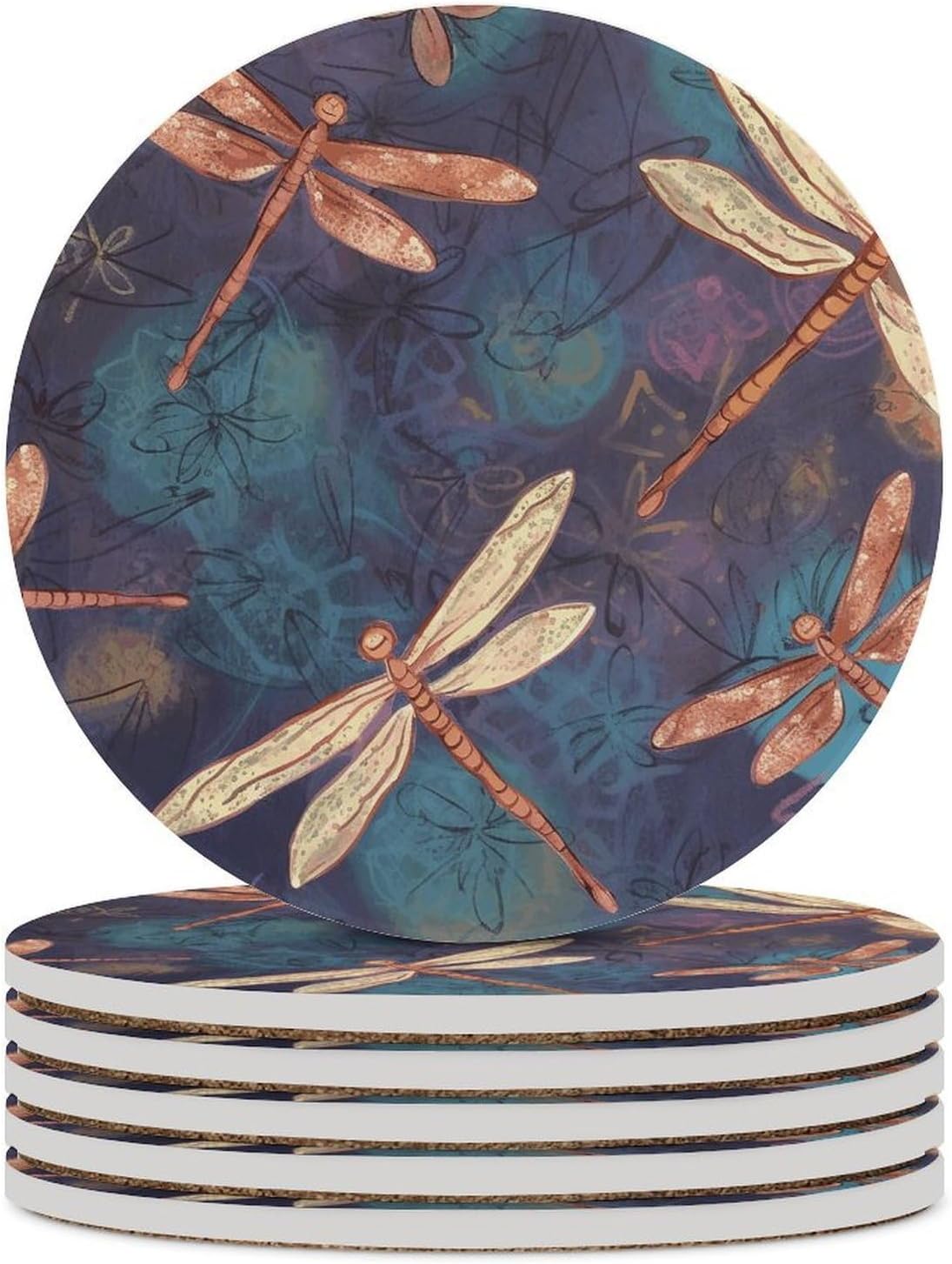 Hand Painted Dragonfly Coaster with Cork Base Drink Coasters for Coffee Table Decor Modern Cup Coasters with Non-Slip & Heat-Resistant Cute Ceramic Table Coaster for Home Dining