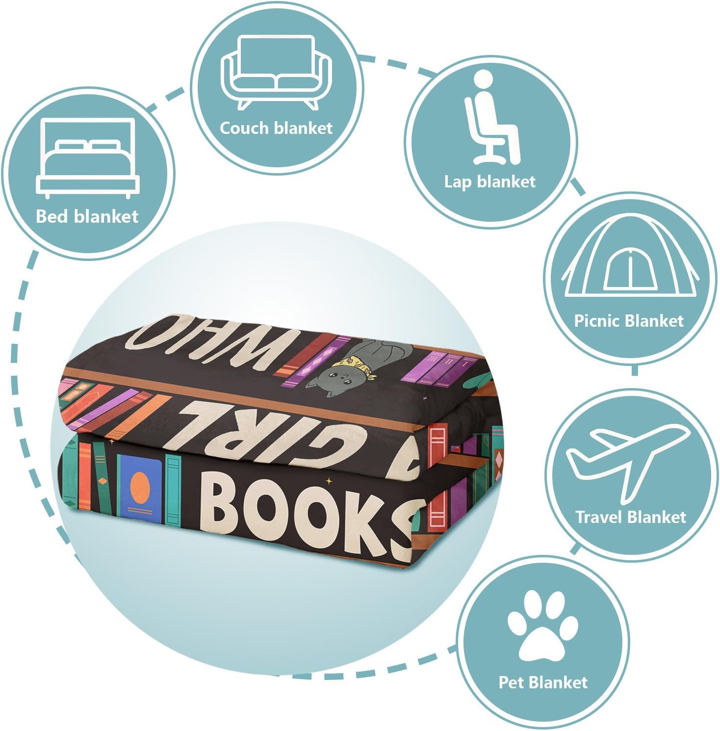 Reading Lover Blanket, Just A Girl Who Loves Books Blanket, Soft Warm Cozy Fleece Throw, Gifts for Girls Teens Kids, 60"x80", Black