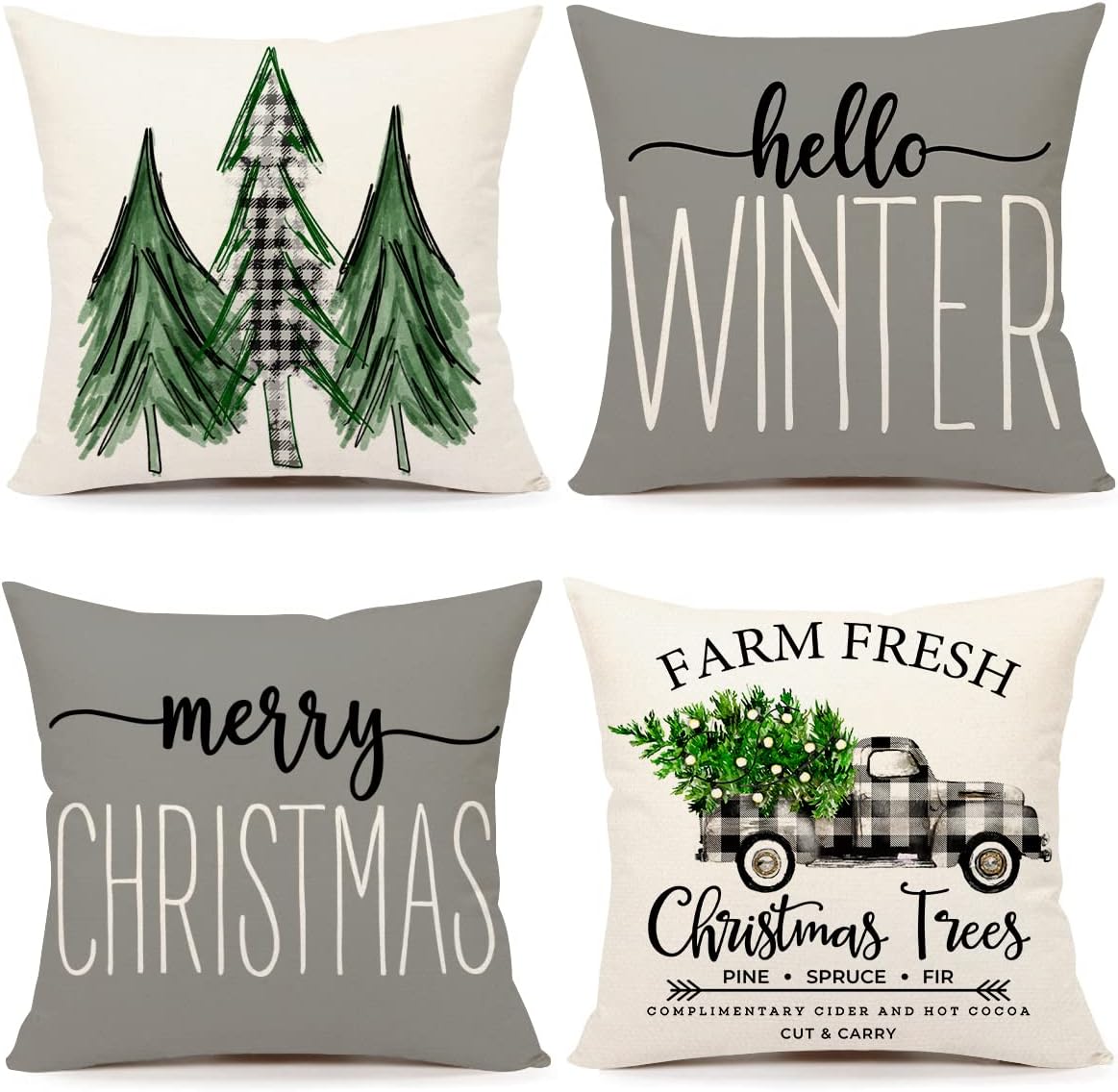 4TH Emotion Gray Christmas Pillow Covers 18x18 Set of 4 Farmhouse Decorations Merry Tree Truck Hello Winter Holiday Decor Throw Cushion Case for Home Couch S22C19