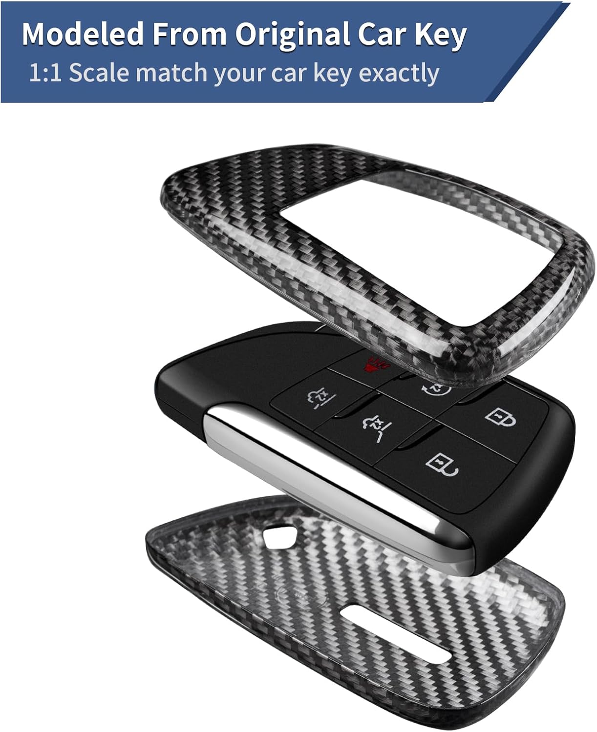 T-carbon Key Fob Cover Compatible with GMC Sierra Yukon Denali with Key Chain Real Glass Fiber Key Fob Protector Compatible with Chevrolet Silverado Suburban Tahoe 2021-2026(Silver Black)