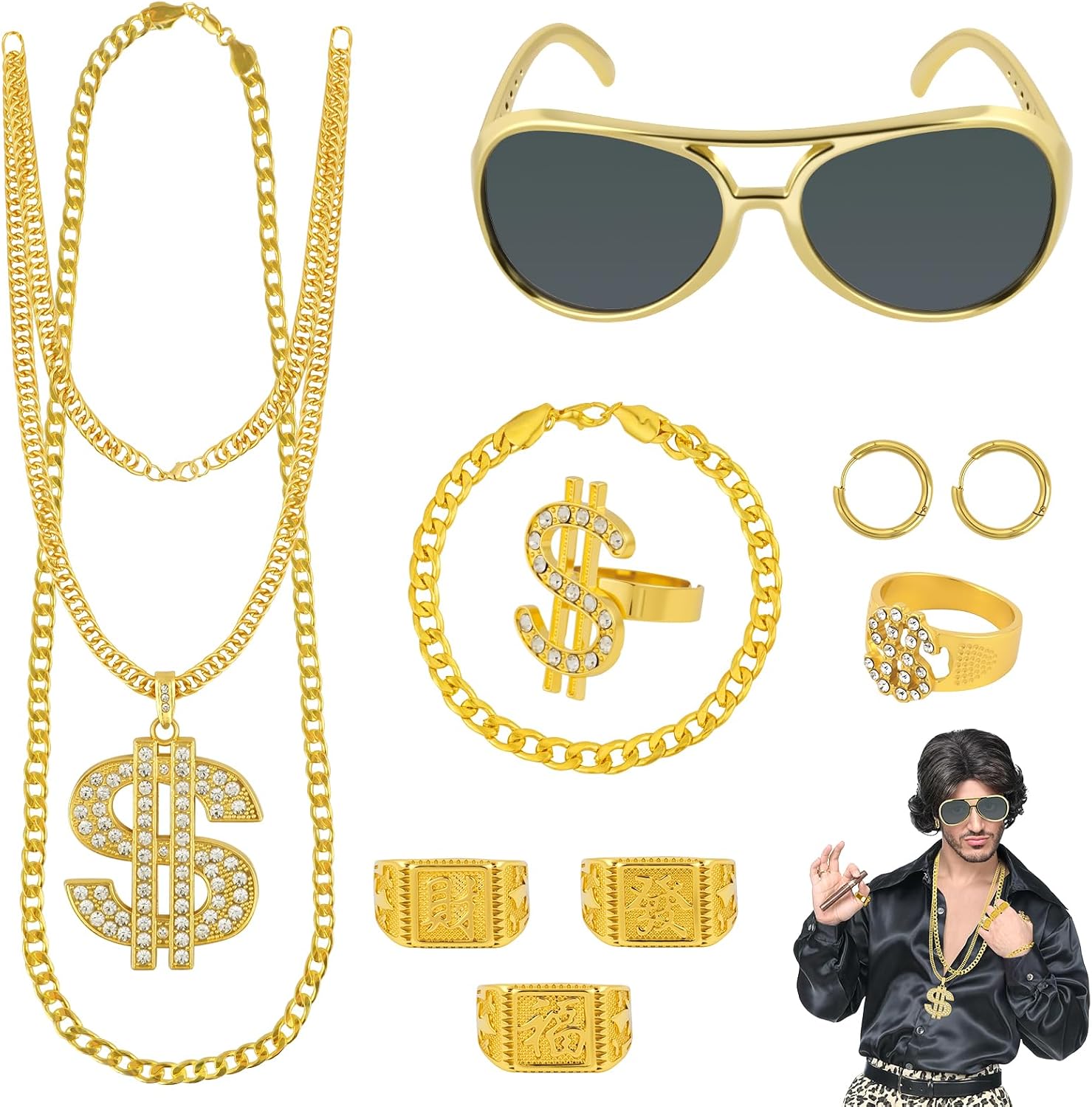 Costume Set Rapper Hip Hop Accessories with Dollar Chain Large Gold Necklace Dollar Sign Ring Golden Bracelet Men's Gangster Gang Ring for 80s/90s Fancy Dress Theme Party Carnival Party
