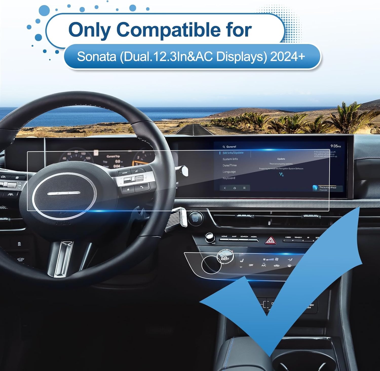 2024 2025 2026 Sonata Screen Protector for Hyundai Sonata (Dual 12.3Inch+AC Display) (S/SEL/SEL Sport/N Line/Blue/Limited), 9H Tempered Glass 2026 2025 Sonata Hybrid Accessories HD Transparent (Dual 12.3In+A/C) Glass for 2024+