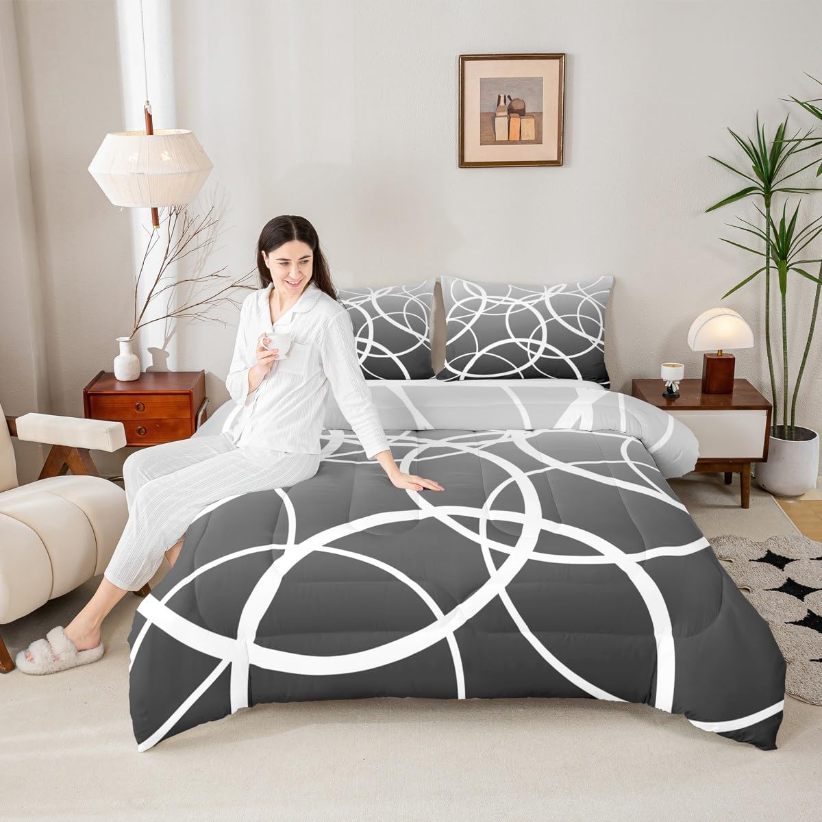 Castle Fairy White Circles Full Size Comforter Set,Modern Bedding Set for Adults Teens,Gray Gradient Comforter Luxury Geometric Watercolor Art Quilt Set Room Decor 3Pcs
