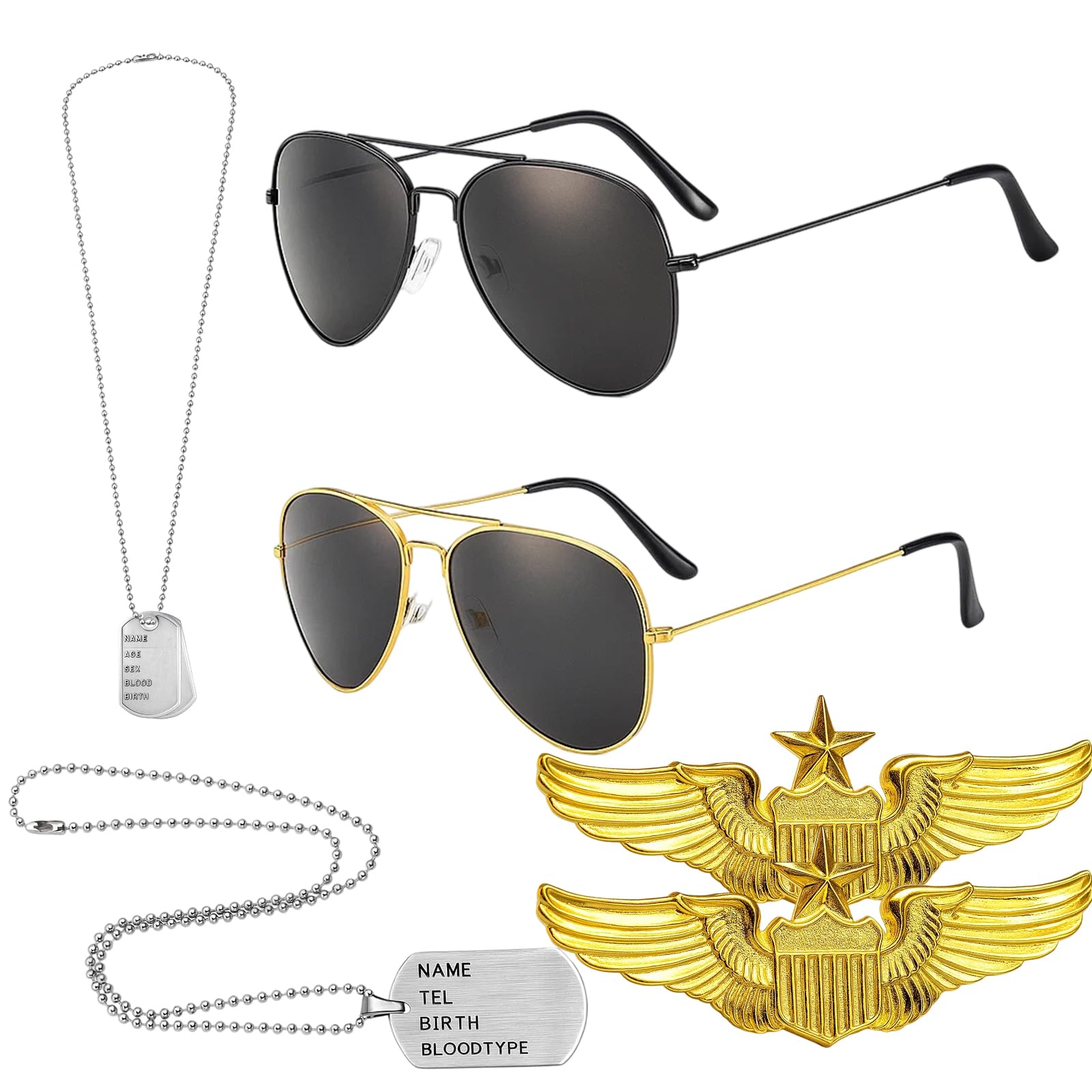 YcsRnn Top Gun Costume Men, Military Aviator Sunglasses with Dog Tags, 2 Pairs Pilot Glasses and 2 Hero Medal Necklaces for Role Play, Halloween Party, Cosplay