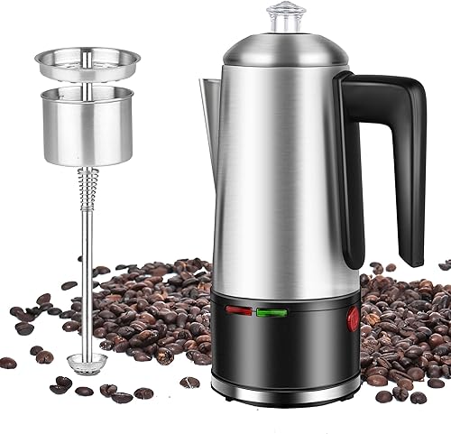 Miniatura 9 de HOMOKUS Percolador de café eléctrico de 12 tazas, cafetera percoladora de 800 W, acero inoxidable con perilla transparente, mango de tacto frío,