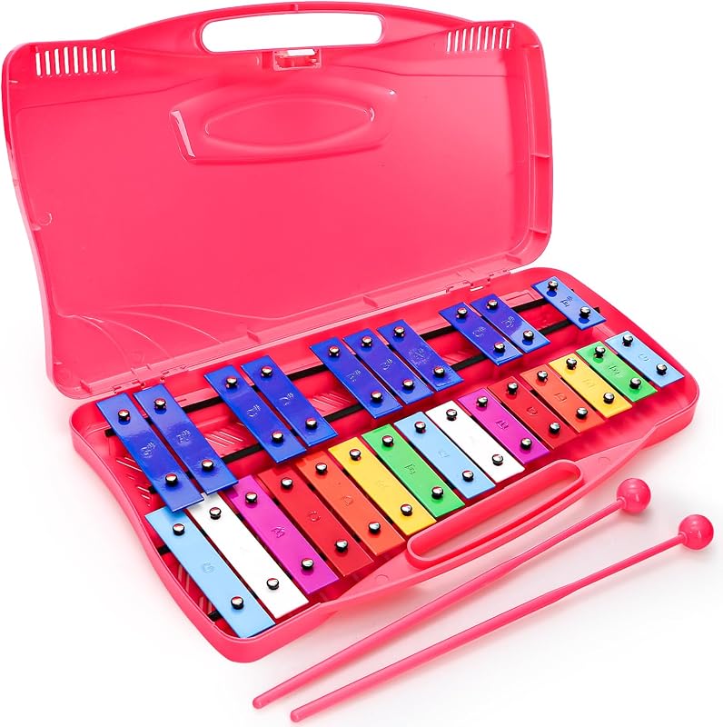 Foraineam Glockenspiel Xylophone 25 Notes Colorful Metal Keys Xylophone, Professional Musical Percussion Instrument with Hard Carry Case and Two Safe Mallets for Beginners