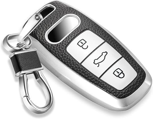 Funda para llavero Audi con llavero de cuero, funda avanzada de TPU suave para llave de grano para A3 A6-A8 E-Tron S3 S6-7 RS6-7 Q7-8 SQ7-8 SQ7-8