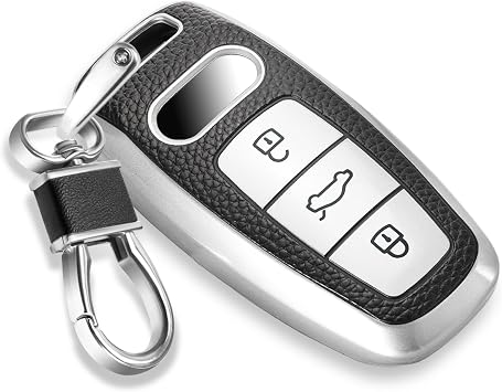 Key Fob Cover for Audi, Leather-Style Keychain Tab Cover, Silver