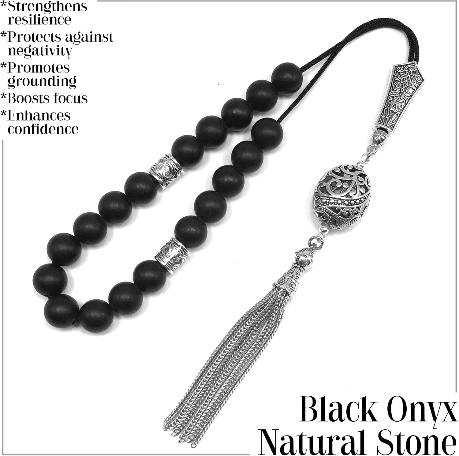 KOMBOLOI, Begleri, Greek Worry Beads, Anxiety Relaxing Stress Relief Relaxation, Greek Rosary (10mm -Black Matte Onyx -19 Beads)
