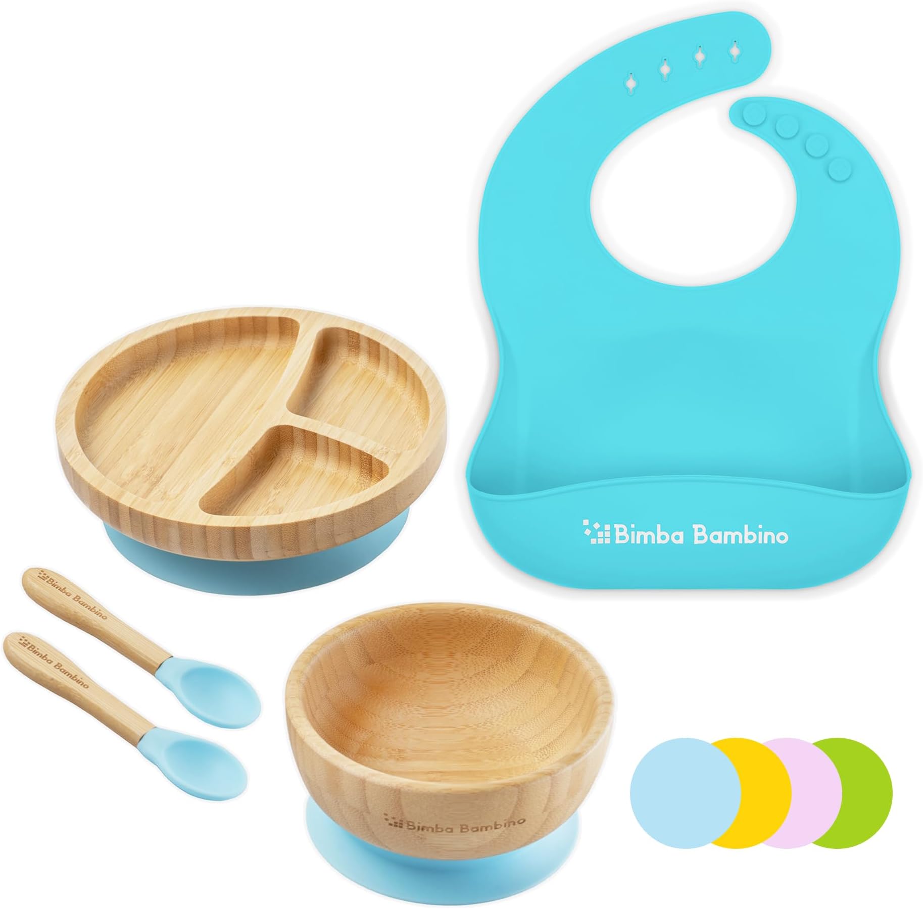 Bimba Bambino ® Premium Weaning Set | Bamboo Suction Plate, Bowl, Two Spoons and Silicone Bib, Sturdy and Safe Non-Toxic Natural Bamboo, Blue