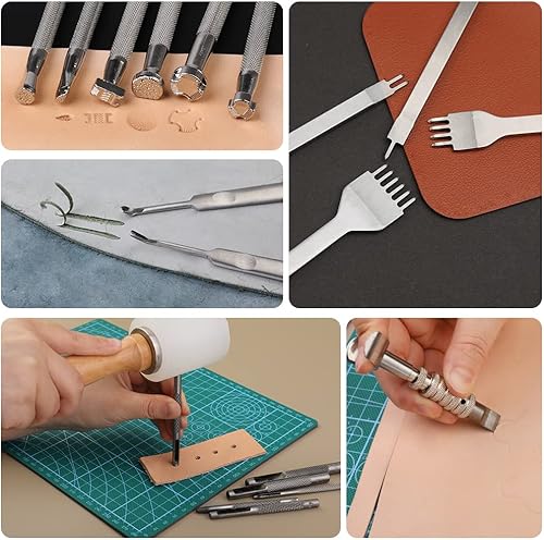Vista 7 de Leather Working Kit, Leather Tools, Working Tool Kits with Stamping Tools Storage Bag Cutting Mat Prong Punch Waxed Thread Stitching Groover for DIY