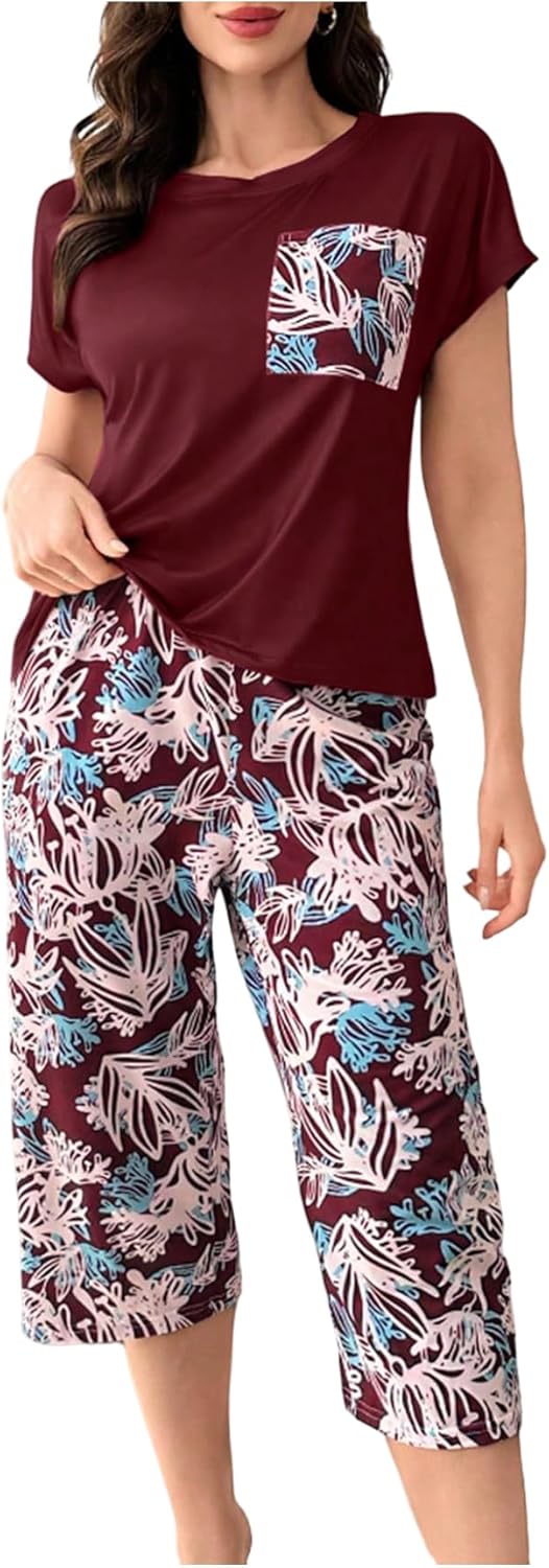 SHENHE Women's Capri Pajama Sets 2 Piece Short Sleeve Sleepwear Tropical Print Summer Pjs Lounge Set