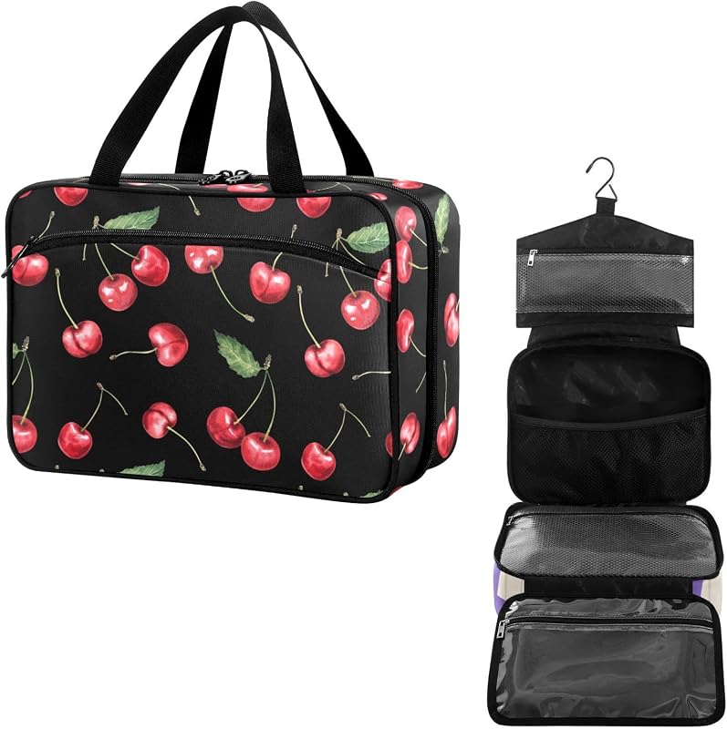 Necessaire de viagem YNNALE preta e vermelha com estampa de cerejas, gancho e bolsos