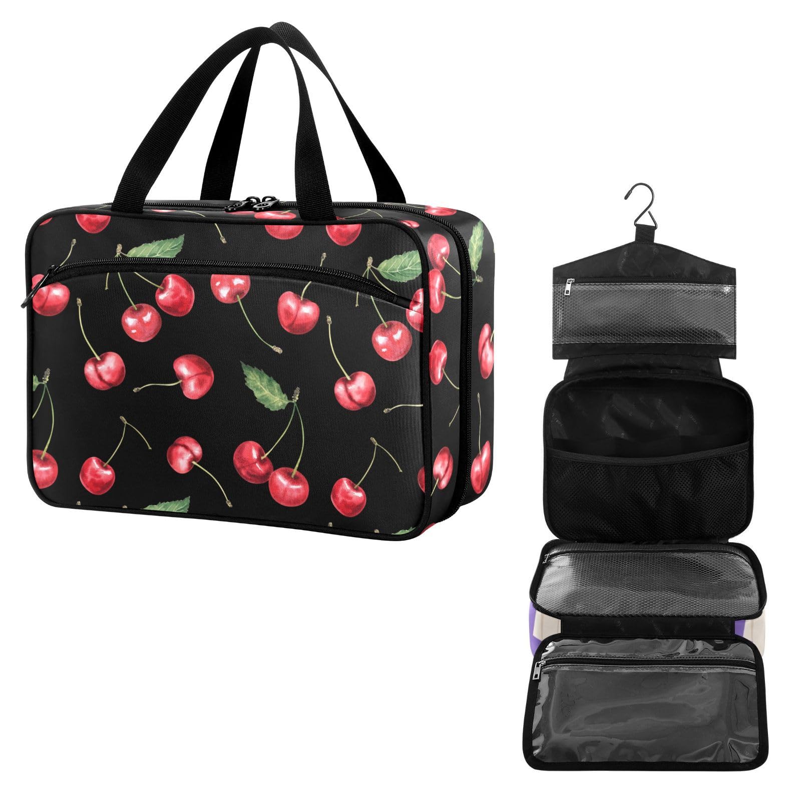 YNNALE Travel Toiletry Bag for Woman/Men, Black and Red Cherry Fruit Cherries Hanging Organizer Bag with Pockets Portable Folding Travel Case Bags for