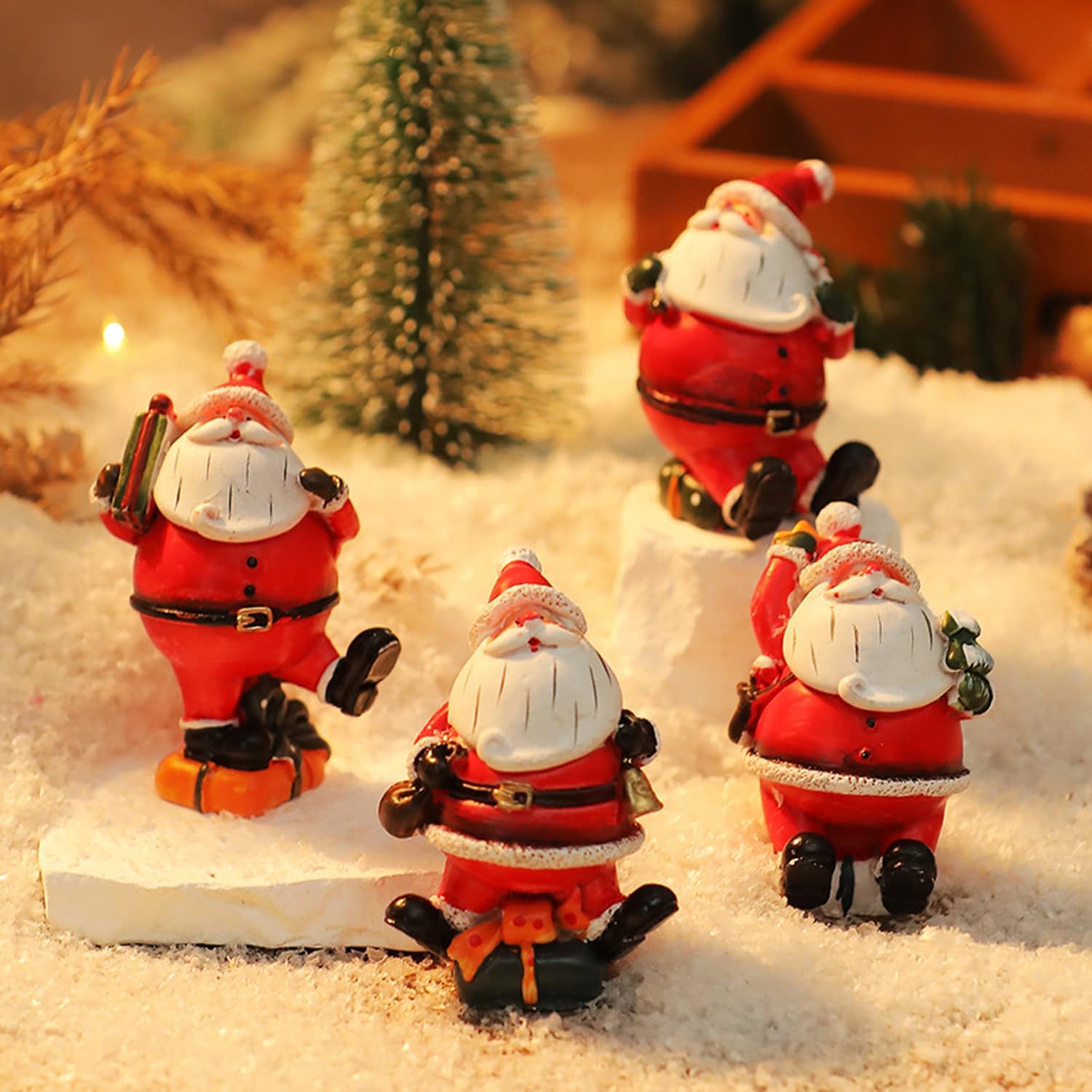 IMENE 4 PCS Small Santa Claus,Resin Santa Figurines Christmas Miniatures Ornament Christmas Santa Claus Decorations for Tabletop Xmas Party Supplies