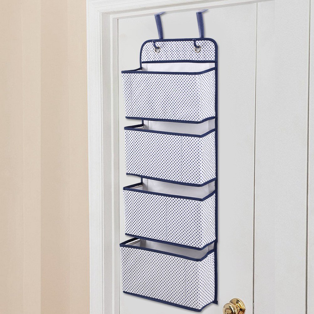 Hanging Closet Organizer, Over Door Hanging Organiser with 4 Spacious Pockets Wall Mount Office Supplies Storage Pocket Chart for Magazine Notebooks, Planners, File Folders. 33 x 9 x 91cm (Blue)