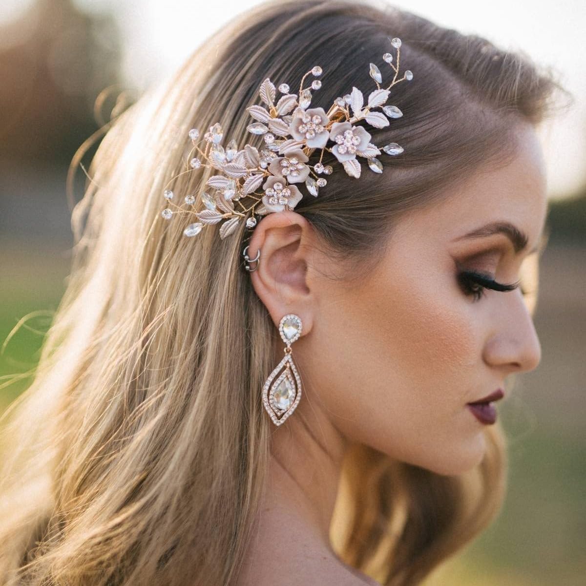 ALUINN Flower Bride Hair Comb Crystal Hair Piece Rhinestone Wedding Bridal Hair Accessories for Women Brides and Bridesmaids （Rose Gold） - Image 2