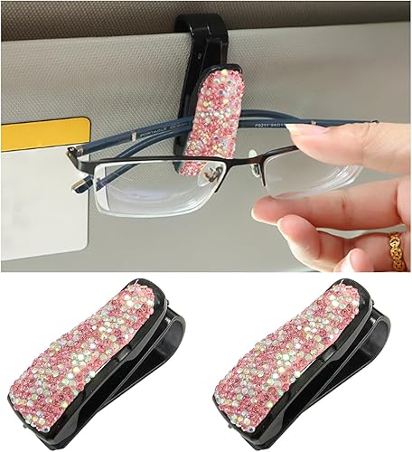 Ziciner 2 soportes para lentes para visera solar de automóvil, diamantes de imitación de cristal brillante con clip para tarjeta de boleto,