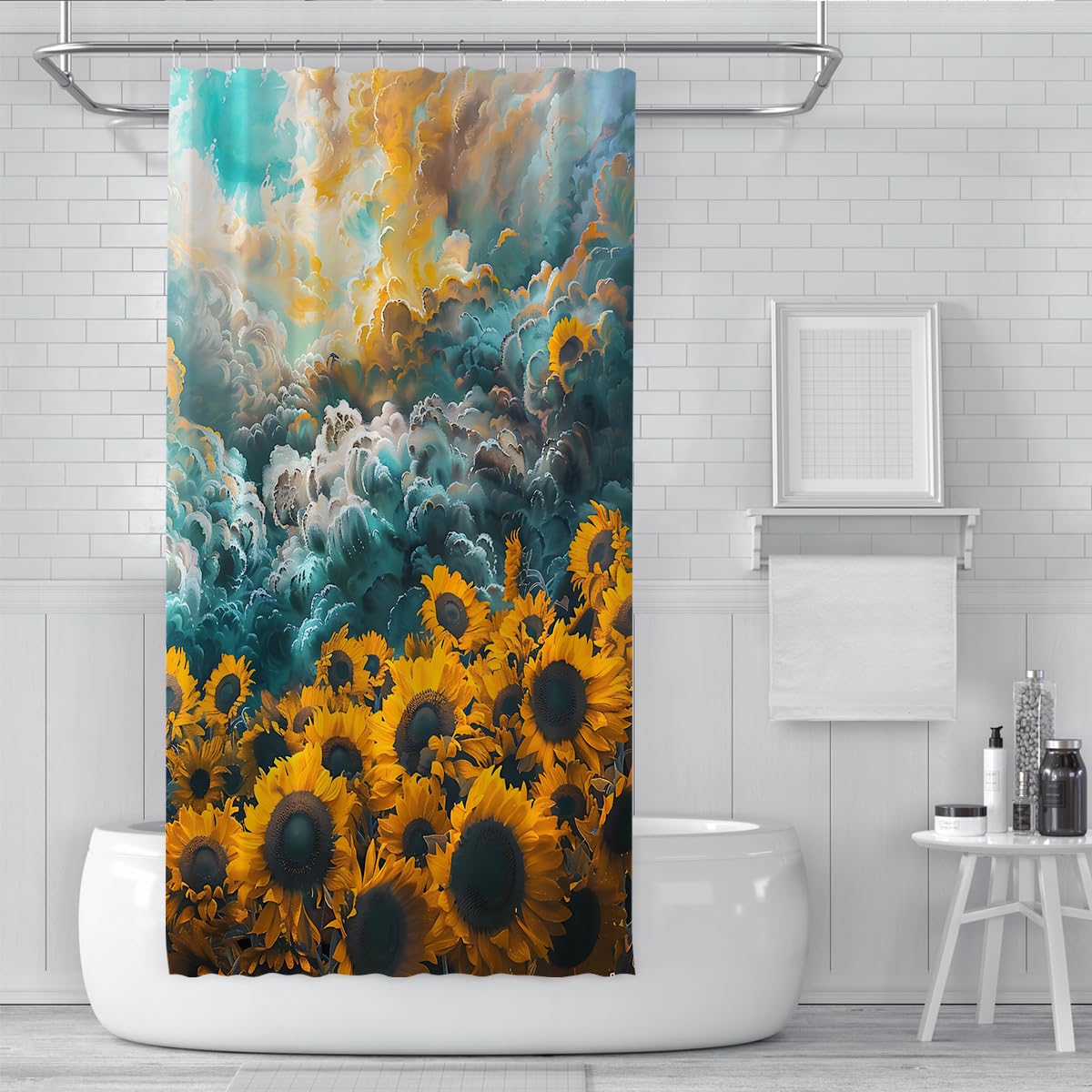 Rideau de Douche Tournesol avec Crochets, décoration Florale Aquarelle Bleu Ciel, Tissu botanique impressionniste Rideau de Baignoire, Tissu imperméable W180xL180 cm