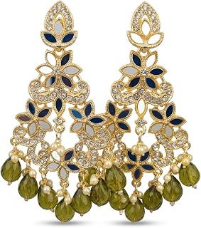 Gold-Toned Chandbali Earrings with Blue Enamel, Mirror Work, Rhinestones, Pearl and Olive Green Crystal Drops Price In India