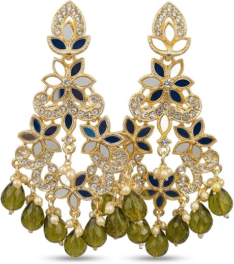 Gold-Toned Chandbali Earrings with Blue Enamel, Mirror Work, Rhinestones, Pearl and Olive Green Crystal Drops