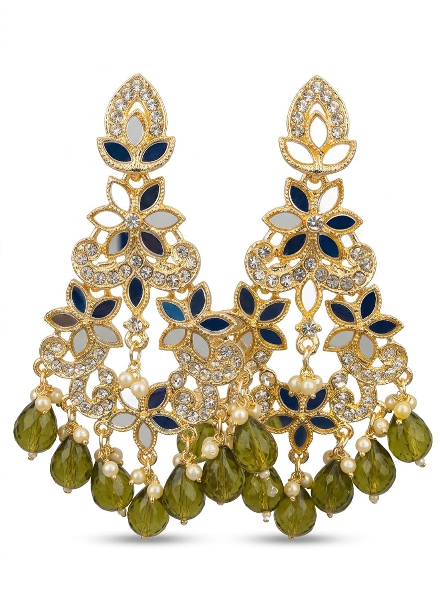 Gold-Toned Chandbali Earrings with Blue Enamel, Mirror Work, Rhinestones, Pearl and Olive Green Crystal Drops - Review, Price and Buying Guide
