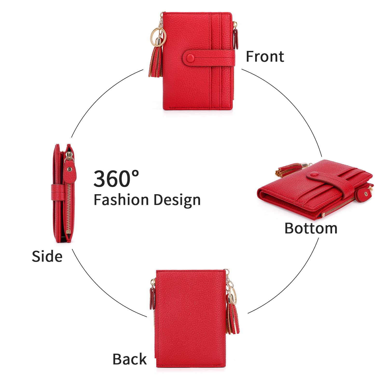 HKCLUF Portafoglio Piccolo da Donna, Porta Carte Blocco RFID Portamonete Pelle con Nappa Portafogli Cerniera Molti Scomparti(B08-Rosso)