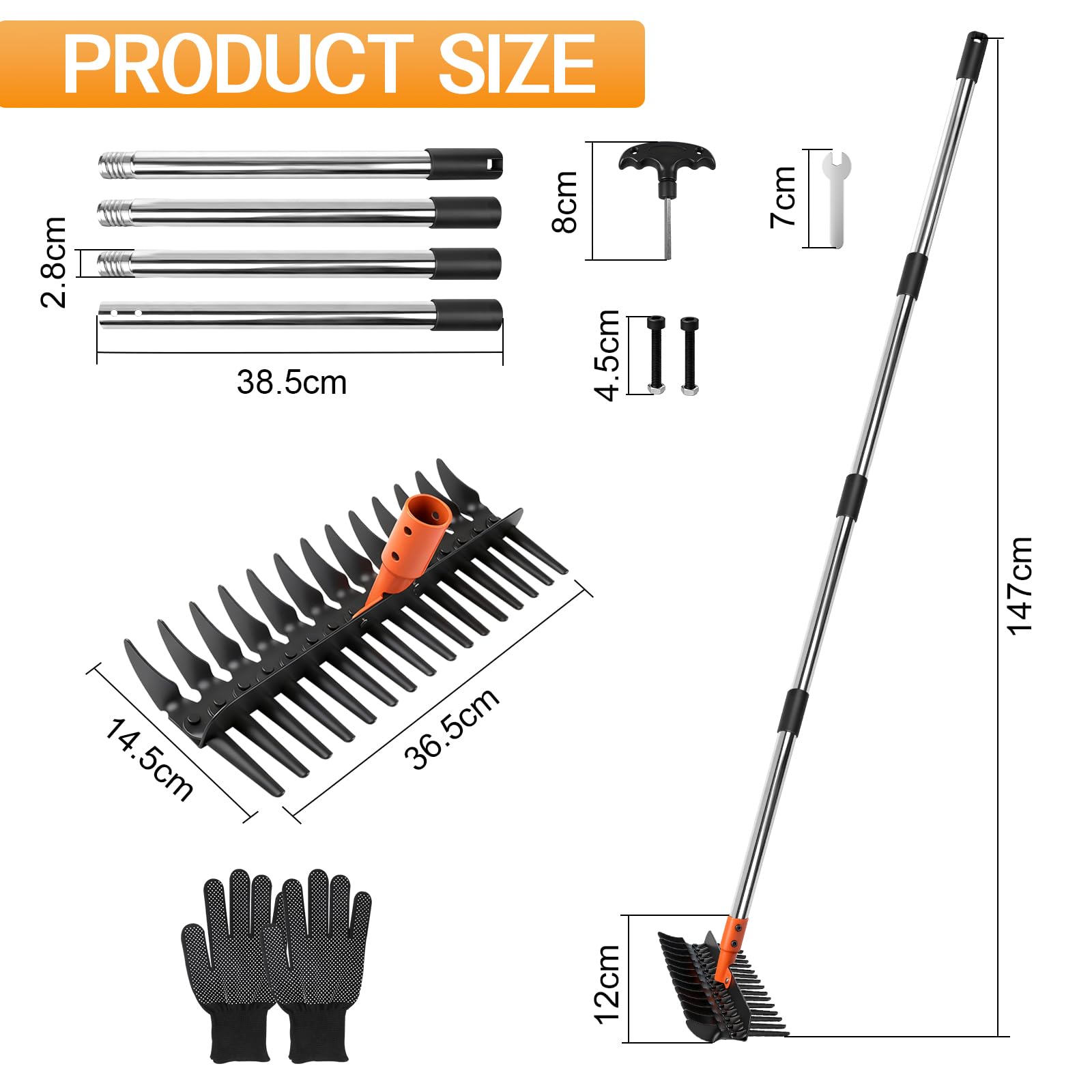 Rastrello Giardino per Erba con Manico Regolabile 75cm/110cm/145cm, Rastrello per Foglie, Rastrellos per Paglia, Estirpatore Erbacce Manuale per Arare e Dissodare il Terreno