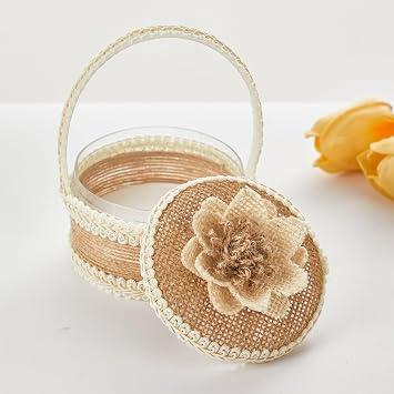 Wedding Rings Box for Ceremony, Round Double Rings Box with Handle, 2 Slots Rustic Rings Holders for Weddings, Rustic Jewelry Organizer for Engagement Proposal Valentines Day C