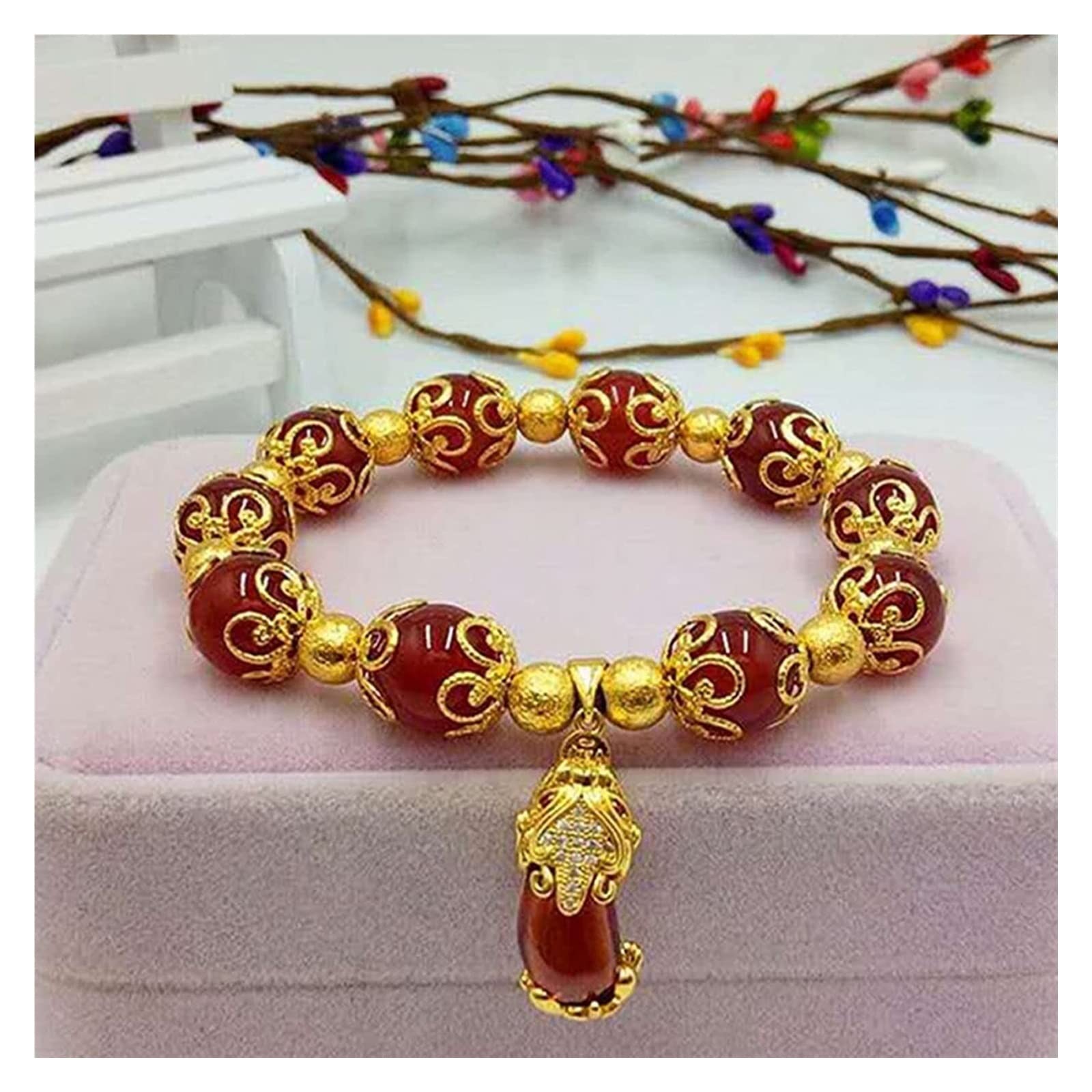 ブレスレット ラッキーチャーム ブレスレット レイキ ヒーリング クリスタル チャクラ ブレスレット タリスマン 繁栄 お金 幸運 レディース メンズ、赤風水アミュレット レッド アゲート ゴールド 富 (Color : Rojo)