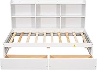 Vista 34 de Cama de plataforma individual con estantería lateral, plataforma moderna con cajones de almacenamiento, marco de cama de madera maciza